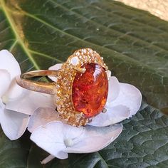 an orange ring sitting on top of a white flower