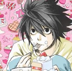 an anime character eating cake and drinking milk from a cup with strawberries on it