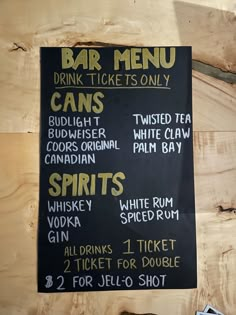 a menu for a bar with drinks on it