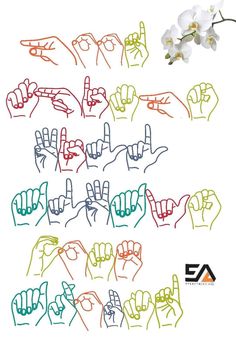 several different colored hand gestures on a white background