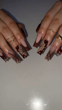 Prom And Graduation Nails, Dope Nail Designs French Tip, Glamour Nails Designs, Brown Prom Nails, Brown And Red Nails, Birthday Nail Design, Sophisticated Nails, Acrylic Nails Nude, Brown Acrylic Nails