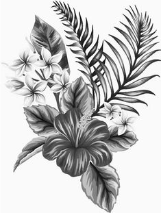 a black and white drawing of flowers on a white background with palm leaves in the foreground