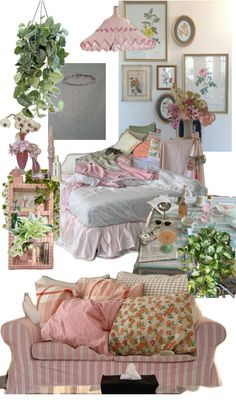 a collage of pink and white furniture with pictures on the wall