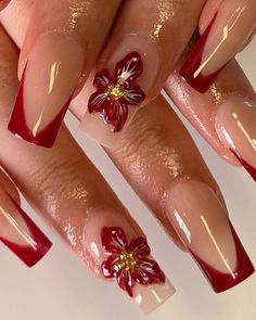 Red Themed Nails Acrylic, Red Nail Designs Natural Nails, Red Nails Square Design, Red Nail Designs Coffin Shape, Nails Acrylic Designs Red, Red Nails Acrylic Almond Design, Summer To Autumn Nails, Red Nails 2024 Trends, Coffin Nails Designs French Tip