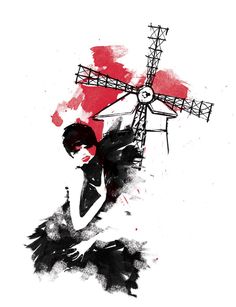 a painting of a woman in front of a red and black windmill with her hands on her hips