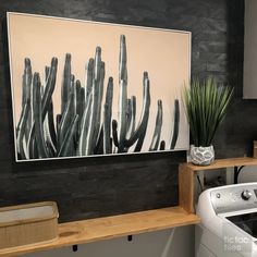 a washer and dryer sitting next to each other in a room with a cactus painting on the wall