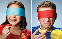 two pictures of a man and woman with blindfolds over their eyes eating fruit