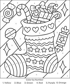 a coloring page for christmas with candy canes and stocking on the ground,