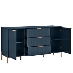 a blue cabinet with three drawers and two gold handles