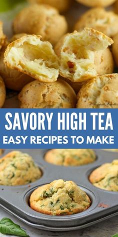 savory high tea muffins in a muffin tin with text overlay