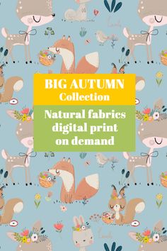 the big autumn collection is featured with an image of animals and birds on blue background