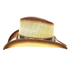 Tightly woven straw cowboy hat for sun protection. Distressed look created with stained crown and brim edge. Classic cowboy up curled brim, 3" wide. Faux leather band with brass color turquoise beaded concho. Wide elastic comfort sweatband. One size, best fit 57-59 cm. 100% straw Short Brim Straw Hat For Western-themed Events, Brimmed Straw Ranch Hats, Southern Style Brown Hat Bands For Rodeo, Southern Style Brown Hat Band For Rodeo, Western Style Adjustable Straw Hat With Flat Brim, Adjustable Flat Brim Western Straw Hat, Vintage Hats For Western-themed Summer Events, Kentucky Derby Toquilla Straw Sun Hat, Straw Brimmed Western Hat