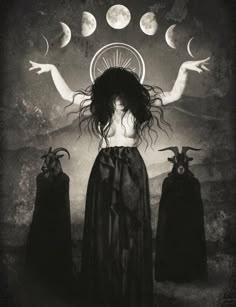 a woman standing in front of the moon with her hands out and three goats behind her