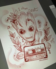 a drawing of a baby groote holding a tape recorder