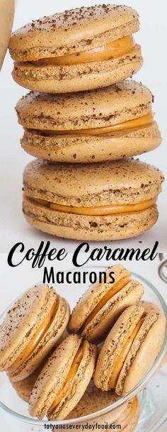 coffee caramel macarons are stacked on top of each other in a glass bowl