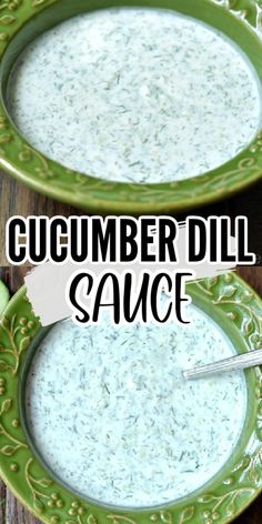 two bowls filled with cucumber dill sauce on top of a wooden table