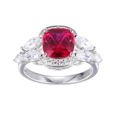 Sterling Silver Created Ruby and Cubic Zirconia Ring  A rich, red created ruby is the star of this beautiful sterling silver ring. Surrounded by the diamond-like sparkle of marquise- and round-cut CZs, it's sure to become a go-to favorite in your jewelry collection.       Measures approx. 7/16" x 15/16" x 5/16"; shank 1/16"W     Stamped .925; rhodium plating; polished finish     Ring has prong-set, cushion-cut created ruby center framed in round, CZs     Four prong-set, marquise-cut CZs adorn ri Cubic Zirconia Rings, Sterling Ring, Prong Setting, Rhodium Plated, Sterling Silver Ring, Sterling Silver Rings, Cubic Zirconia, Jewelry Collection, Ruby