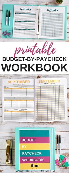 the printable budget - by - pay check workbook is on display next to other items