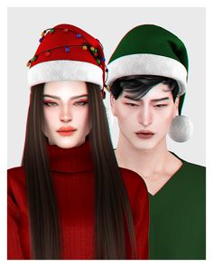 two people wearing christmas hats with long hair