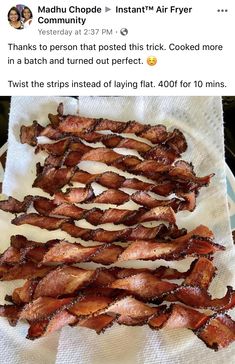 bacon strips sitting on top of a white towel next to a cup of coffee and an instagram post about fryer community