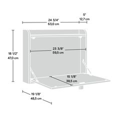 the measurements for an oven with its door open and side view showing it's width