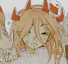 an anime character with horns on her head and two other characters behind her, all looking at the camera