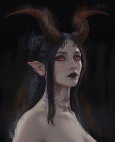 a painting of a woman with horns on her head and red eyes in the dark