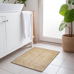 a bathroom with a plant and rug on the floor