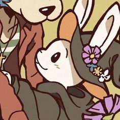 an image of two rabbits with flowers in their hair and one rabbit holding the other