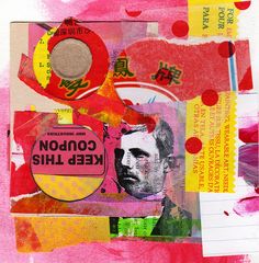 mixed media collage with various images and words on pink, red, yellow and white paper