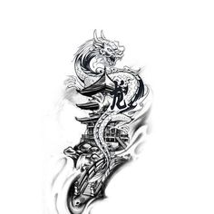 a black and white drawing of a dragon on a motorcycle