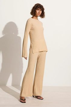 Santi Pant Beige - Faithfull the Brand Ribbed Knit Pants, Maxi Dress Sale, Winter Layering, Faithfull The Brand, Ribbed Knit Top, Pants Design, Knit Pants, Tunic Length, Textured Knit