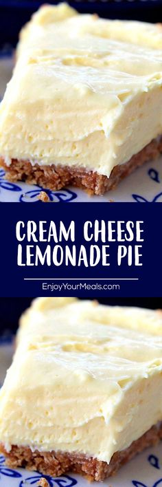 easy cream cheese lemonade pie on a blue and white plate with text overlay