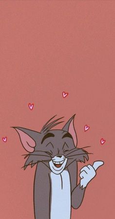 a cartoon cat with hearts flying around it's eyes and mouth, pointing at something