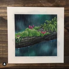 a painting of flowers and plants in the rain on a piece of wood that has been framed