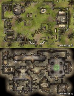 two maps showing the location of various buildings and structures in different locations, one with a green