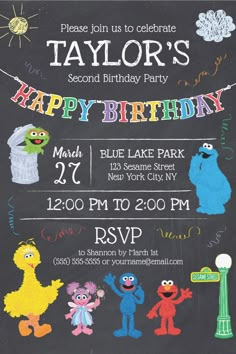 an image of a birthday party with sesame and friends on the chalkboard background,