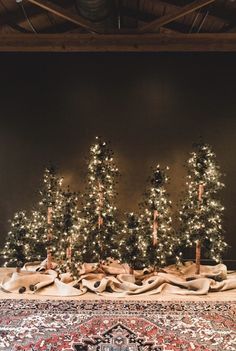 a group of christmas trees sitting on top of a rug in front of a wall