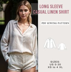 an image of a woman's shirt and shorts sewing pattern for the long sleeve casual linen shirt