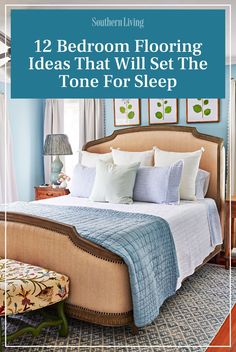 a bed room with blue walls and pictures above it that says, 12 bedroom flooring ideas that will set the tone for sleep