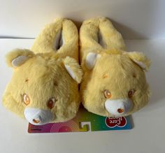 Adorable, super soft Care Bears Funshine Bear slippers new on card. Fits ladies' shoe size 7-8 (M). Please see all photos, slippers even have the Care Bears tush heart ❤️. Care Bears Funshine Bear, The Care Bears, Funshine Bear, Ladies Shoe, Bear Slippers, Cute Slippers, Sweater Season, Soft Slippers, 80s Toys