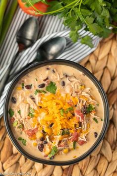 a bowl filled with soup and garnished with cheese