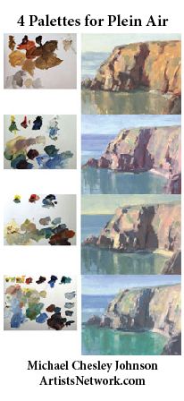 four different pictures of rocks and water with text that reads 4 palettes for plein air