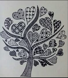 a black and white drawing of a tree with hearts on it