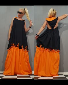 "Avant Garde Orange Linen Dress, Asymmetrical Dress, Party Cocktail Dress, Steampunk Dress, Extravagant Orange Dress, Gothic Dress, Linen Dress, Loose Dress ❤️ Extravagant designs and high quality fabrics! ❤️ Materials & Care Linen, Viscose Hand wash at low temperatures. Do not machine dry. Do not iron. Do not dry clean! ❤️ Sizing We can make your piece from XS to 5XL! Everything in the shop can be also made according to your measures free of charge! ❤️ Shipping ✈ Ready to ship The time I need t High-low Hem Lagenlook Maxi Dress For Spring, Orange Sleeveless Tie-back Maxi Dress, Steampunk Dress, Long Linen Dress, Open Back Dresses, Gothic Dress, Loose Dress, Orange Dress, Asymmetrical Dress