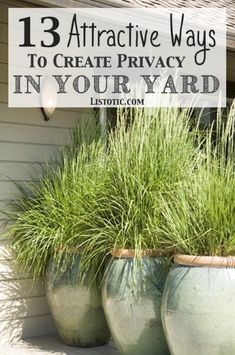 three large planters with grass in them and the words 13 attractive ways to create privacy in your yard