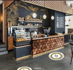 the inside of a coffee shop with wood slices on the counter and chairs around it