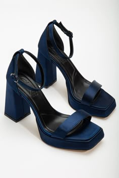 Women's Matilda Navy Blue Satin Platform Open Toe Thick Heeled Shoes - STREETMODE ™ Navy Blue Shoes Heels, Navy Blue Heels Prom, Navy Chunky Heels, Dark Blue Chunky Heels, Dark Blue Platform Heels, Dark Blue Heels, Dark Blue Shoes, Blue Platform Heels In Synthetic Material, Blue Chunky Platform Open Toe Heels