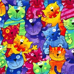 many colorful cats on a purple background