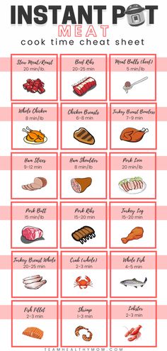 the instant pot meal chart is shown in red and white, with instructions to make it